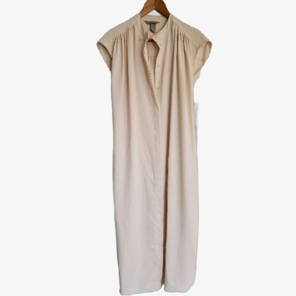 H&M Cream Dress Cap Sleeve Mandarin Collar Midi Casual Belted Button Up